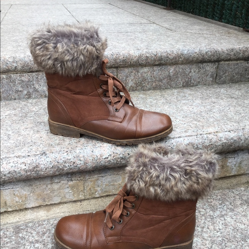Combat faux fur top booties